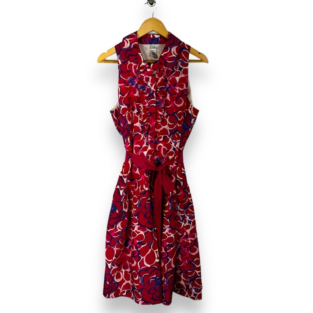 Lilly Pulitzer Ruffle Front Sleeveless Shirt Dress, Pink/Royal Floral, Size 12